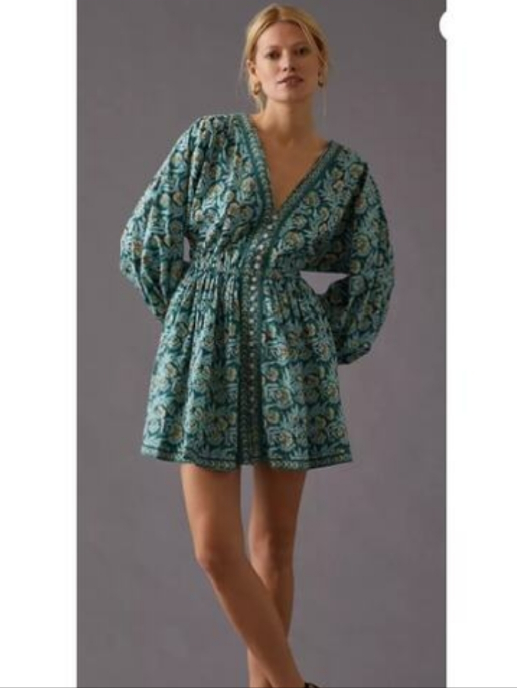 Teal Floral V-Neck Smocked Waist Cotton Mini Dress